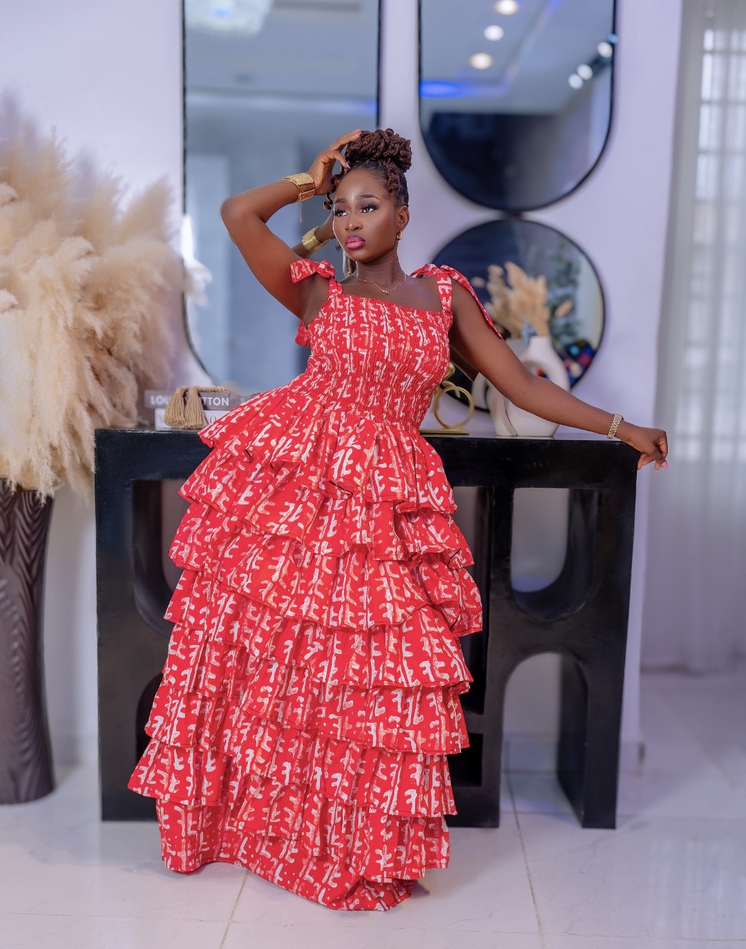 red dress in african print